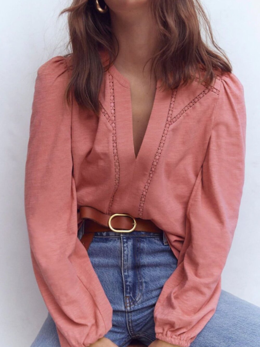 Boden Poppy Jersey Blouse Pink V-Neck Ladder Lace Trim Size 8